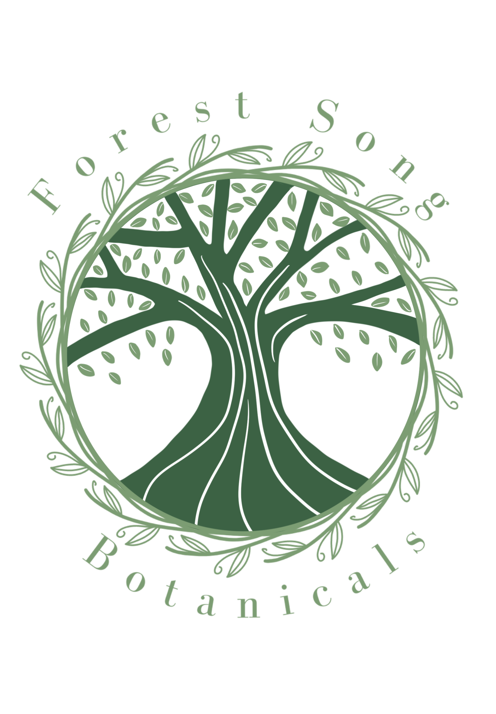 Logo for Forest Song Botanicals, a green tree with leaves encircling the image and surrounded by words Forest Song Botanicals.